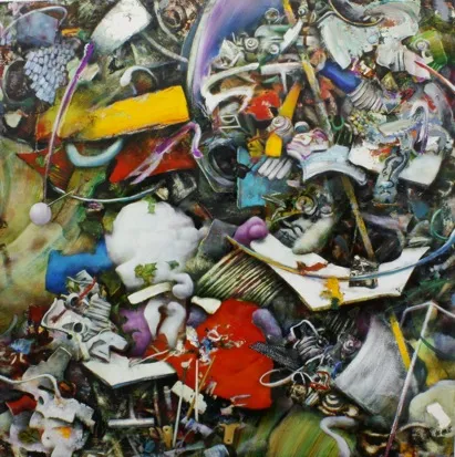             集積するリズム, 2009, H116.7xW116.7cm, watercolor/alkyd/oil on canvas          