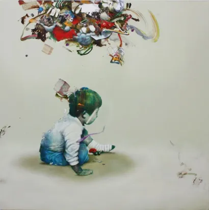            ヒトリ アソビ, 2009, H116.8xW116.8cm, silk screen/watercolor/oil/alkyd/color pencil on
canvas          