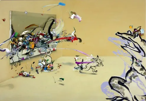             脱走者, 2009, H112xW162cm, silk skreen/alkyd/oil on canvas          