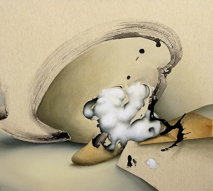             接, 2012, H90.1 xW100.1 x D5.9cm, ink, oil, alkyd on canvas          