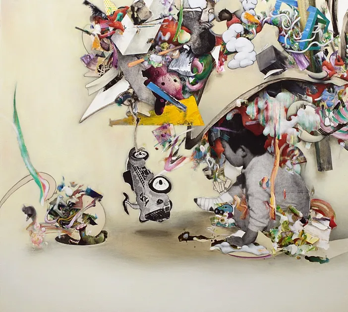             反乱するイメージ, 2012, H130.2xW144.6xD6.2cm, silk screen, oil, alkyd on canvas          