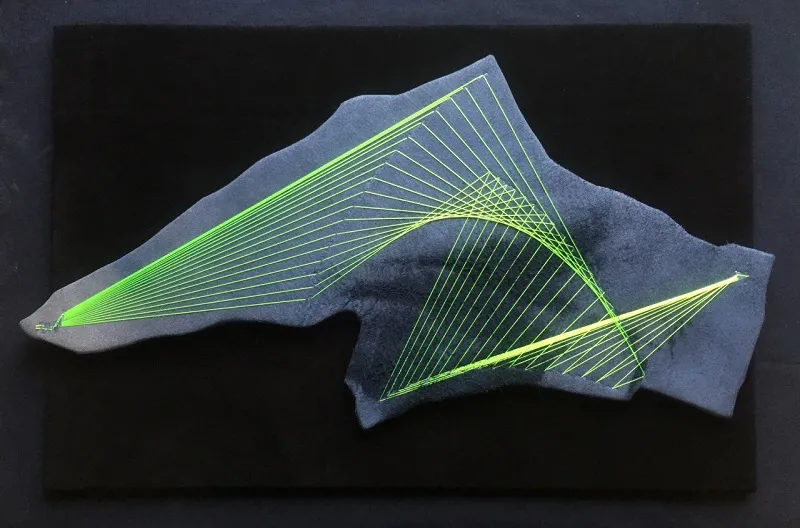             Scrap Work No.36, 2015, 38.5×73.5×1cm, metal,nylon and cotton threads on
leather, wood          