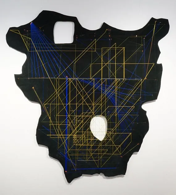             Scrap Work No.42, 2015, 130x122x1cm, metal, nylon and cotton threads on lather,
wood          