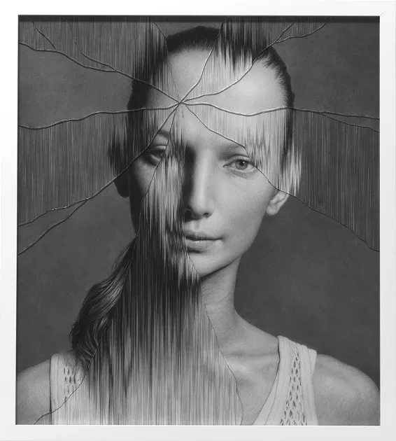             The Cracked Portrait # 3, 2014, 70.3x62.8cm, pencil on paper, glass          