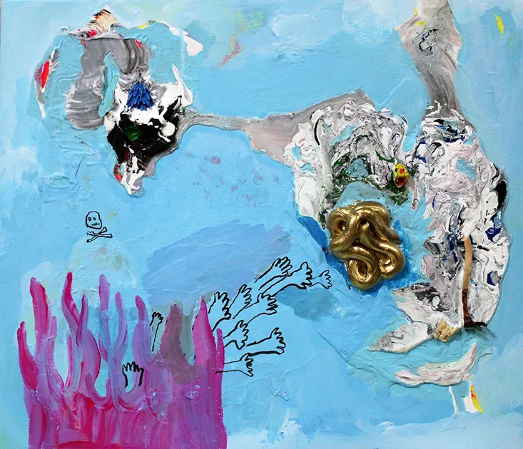             Gold Mine, 2014, 45.5×53cm, acrylic, ink, plastic, clay on canvas, wooden panel          