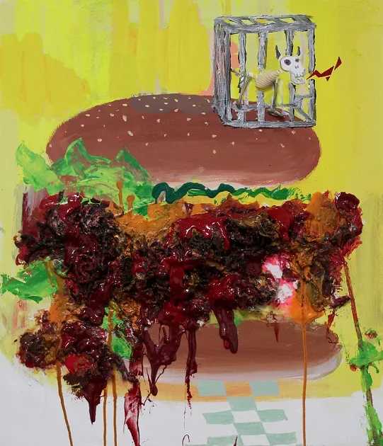             Meat Meat Meat, 2014, 53×45.5cm, acrylic, wool, resin, plastic on wooden panel          