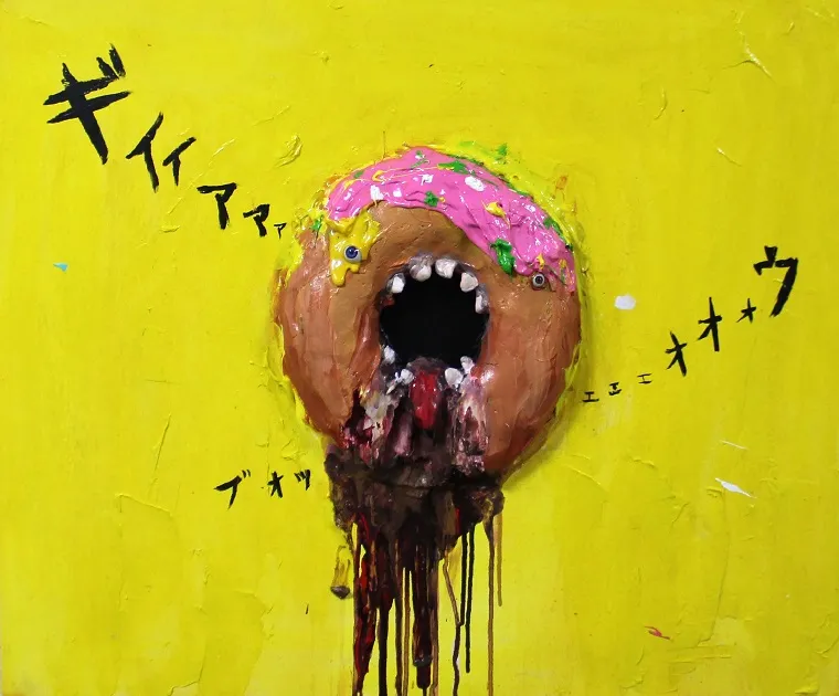             Donuts, 2015, 60.6×72.7cm, acrylic, clay, resin on wooden panel          