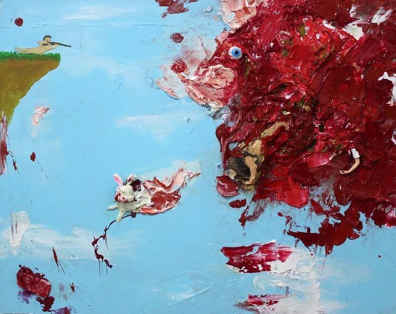            Hunt, 2015, 72.7×91cm, acrylic, clay, plastic, resin on wooden panel          