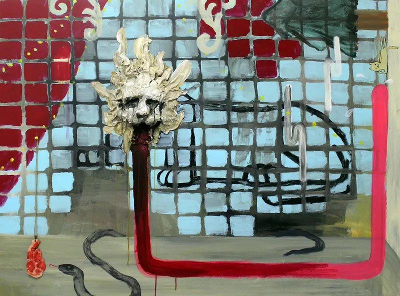             The room with the lion, 2015, 112×145.5cm, acrylic, clay, hemp, plastic, metal
on wooden panel          